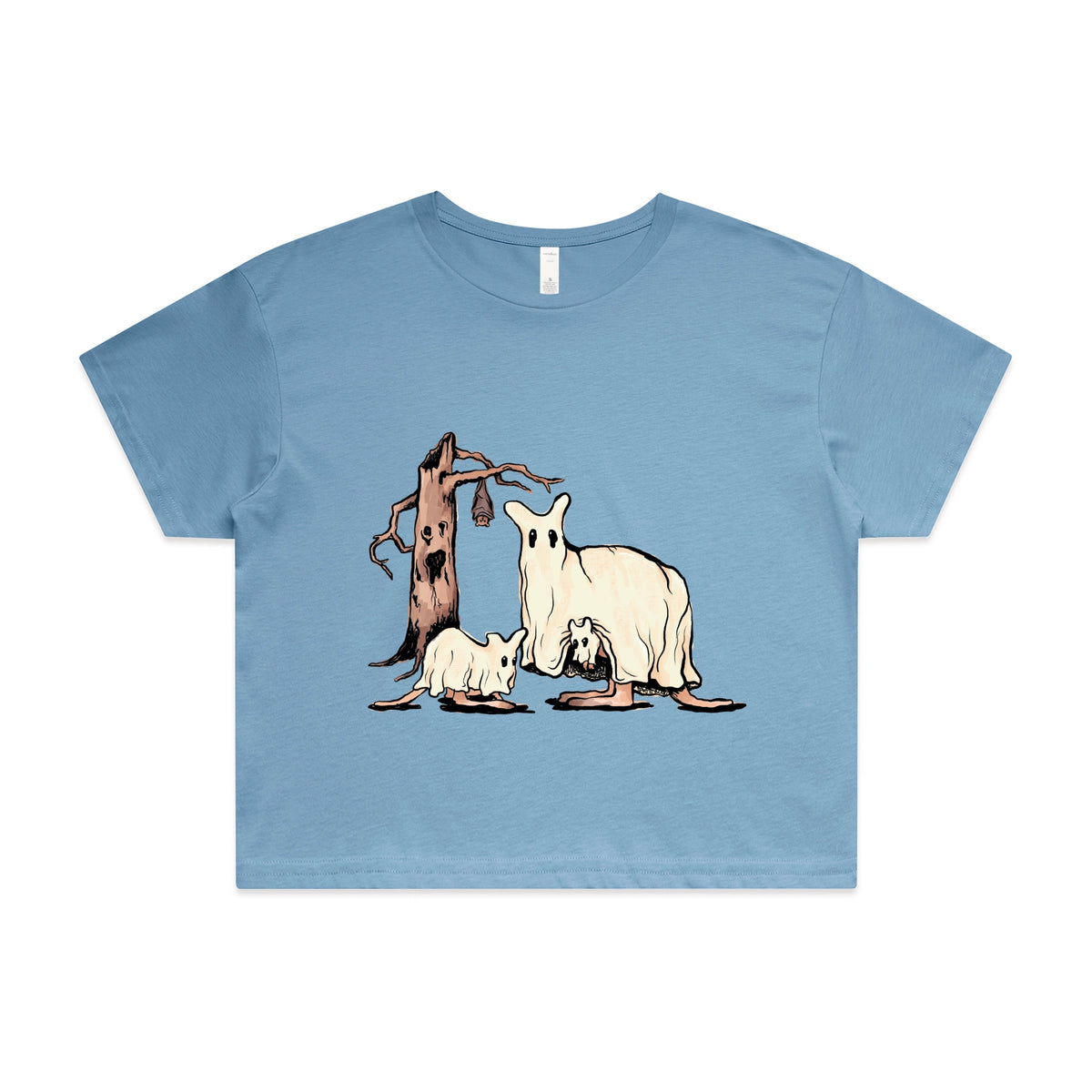 Carolina Blue crop top with Ghostaroos graphic by Lonely Kids Club