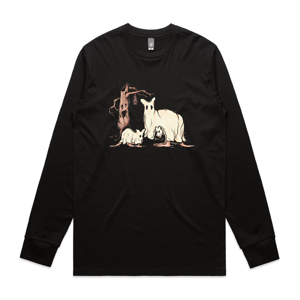 Black long sleeve t-shirt with Ghostaroos graphic by Lonely Kids Club
