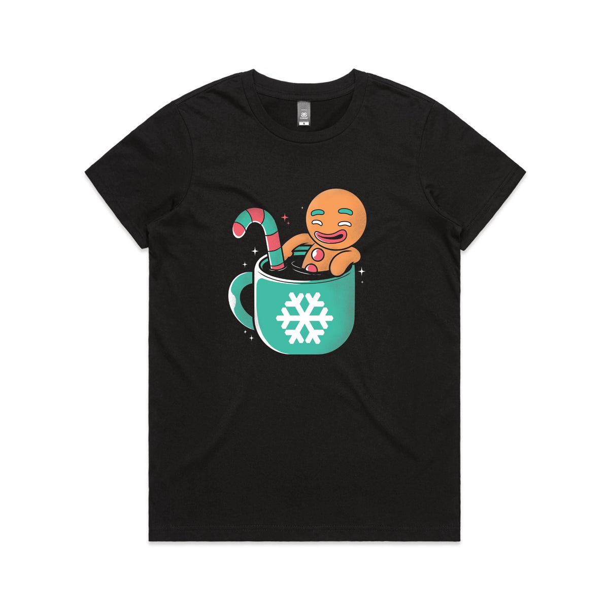 Black fitted womens t-shirt with Gingerbread Cocoa graphic by Lonely Kids Club