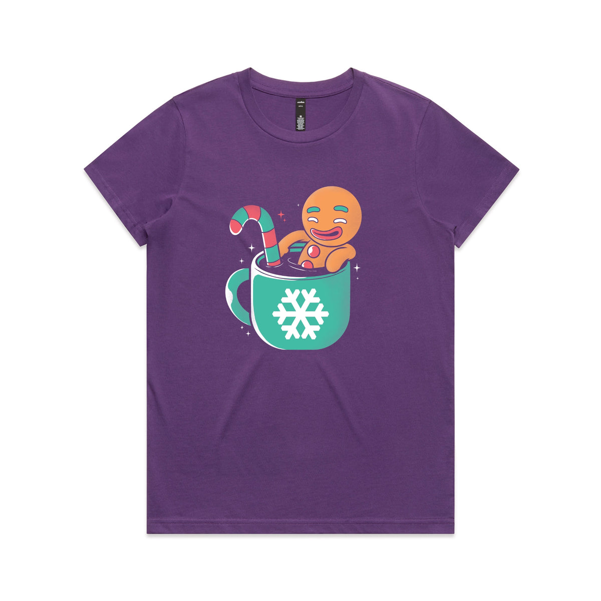 Purple fitted womens t-shirt with Gingerbread Cocoa graphic by Lonely Kids Club