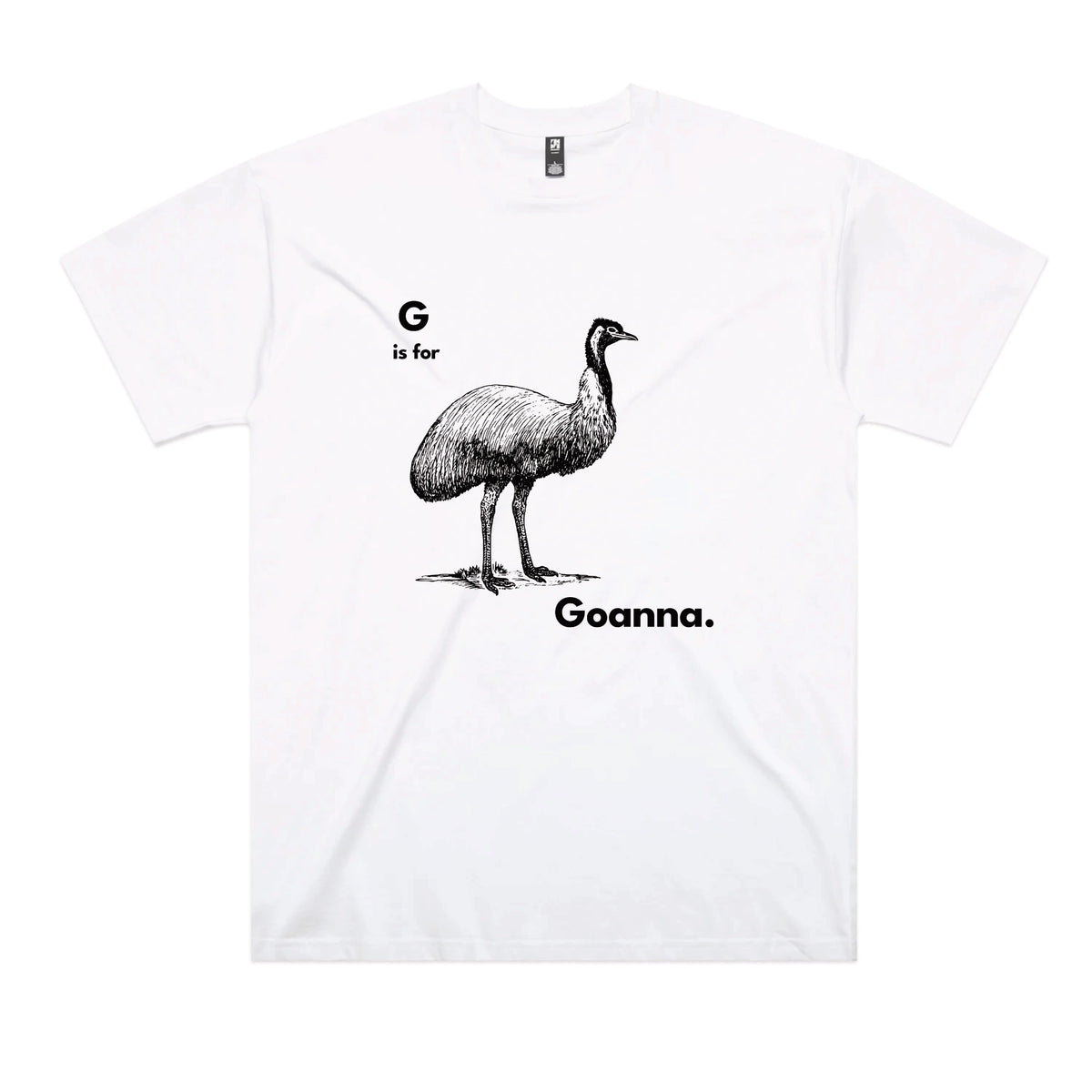 White oversized t-shirt with G Is For Goanna graphic by Lonely Kids Club