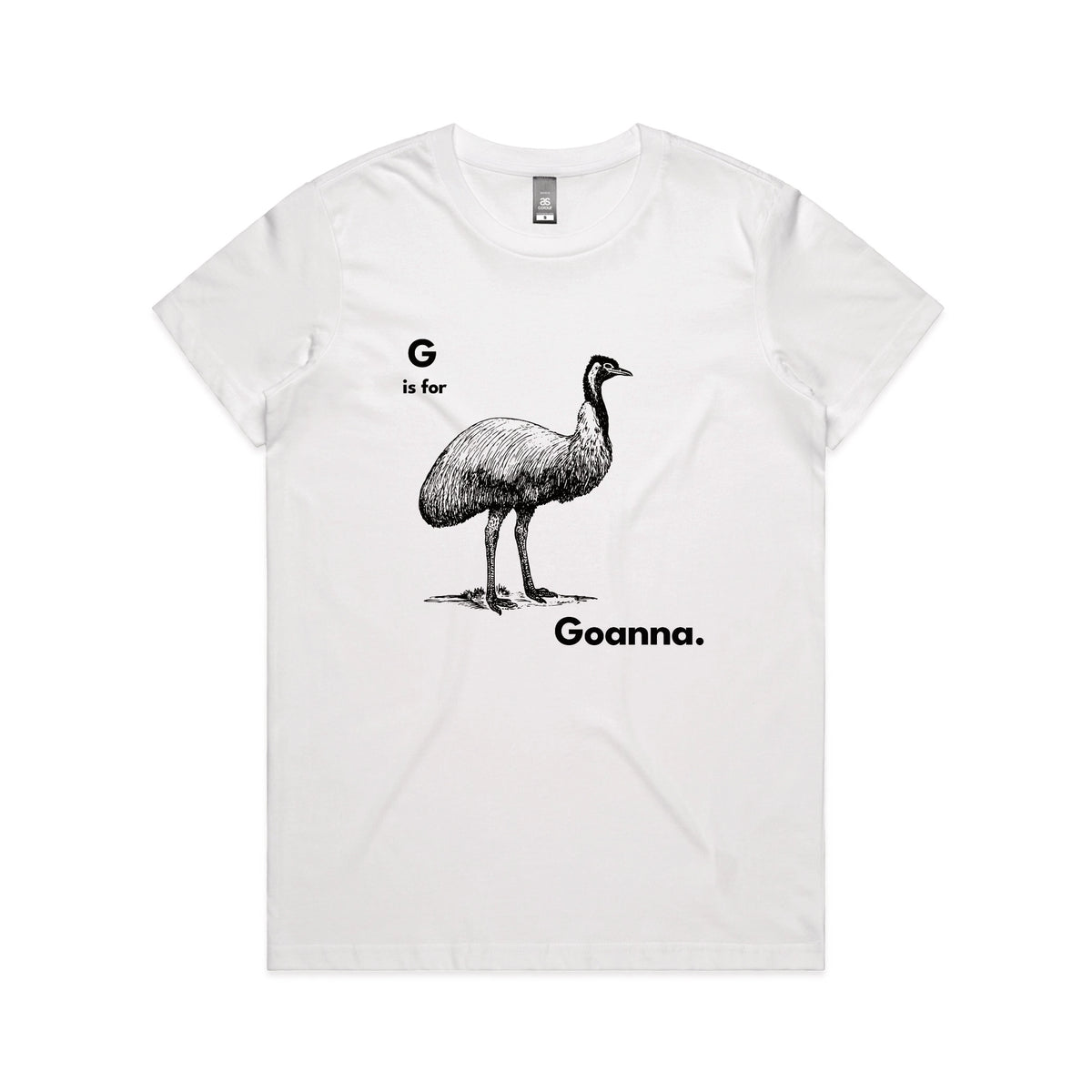 White fitted womens t-shirt with G Is For Goanna graphic by Lonely Kids Club