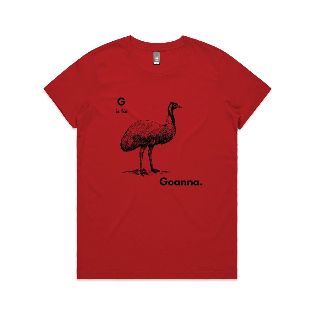 Red fitted womens t-shirt with G Is For Goanna graphic by Lonely Kids Club