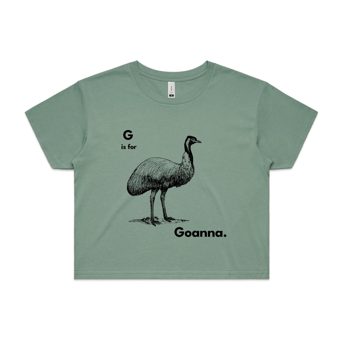 Sage crop top with G Is For Goanna graphic by Lonely Kids Club