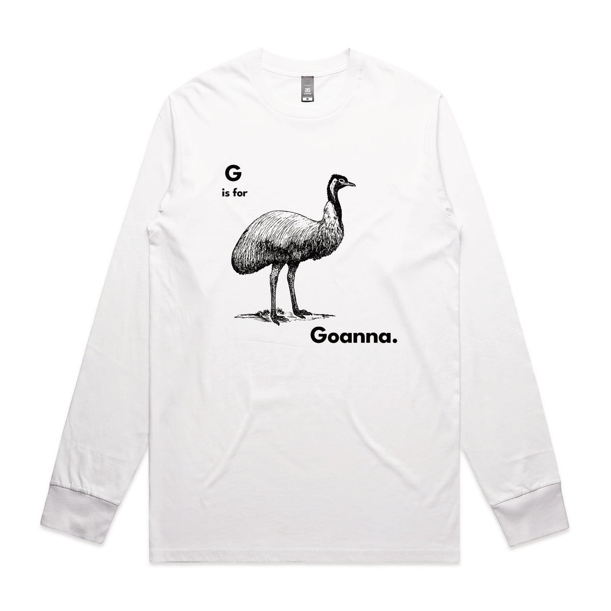 White long sleeve t-shirt with G Is For Goanna graphic by Lonely Kids Club