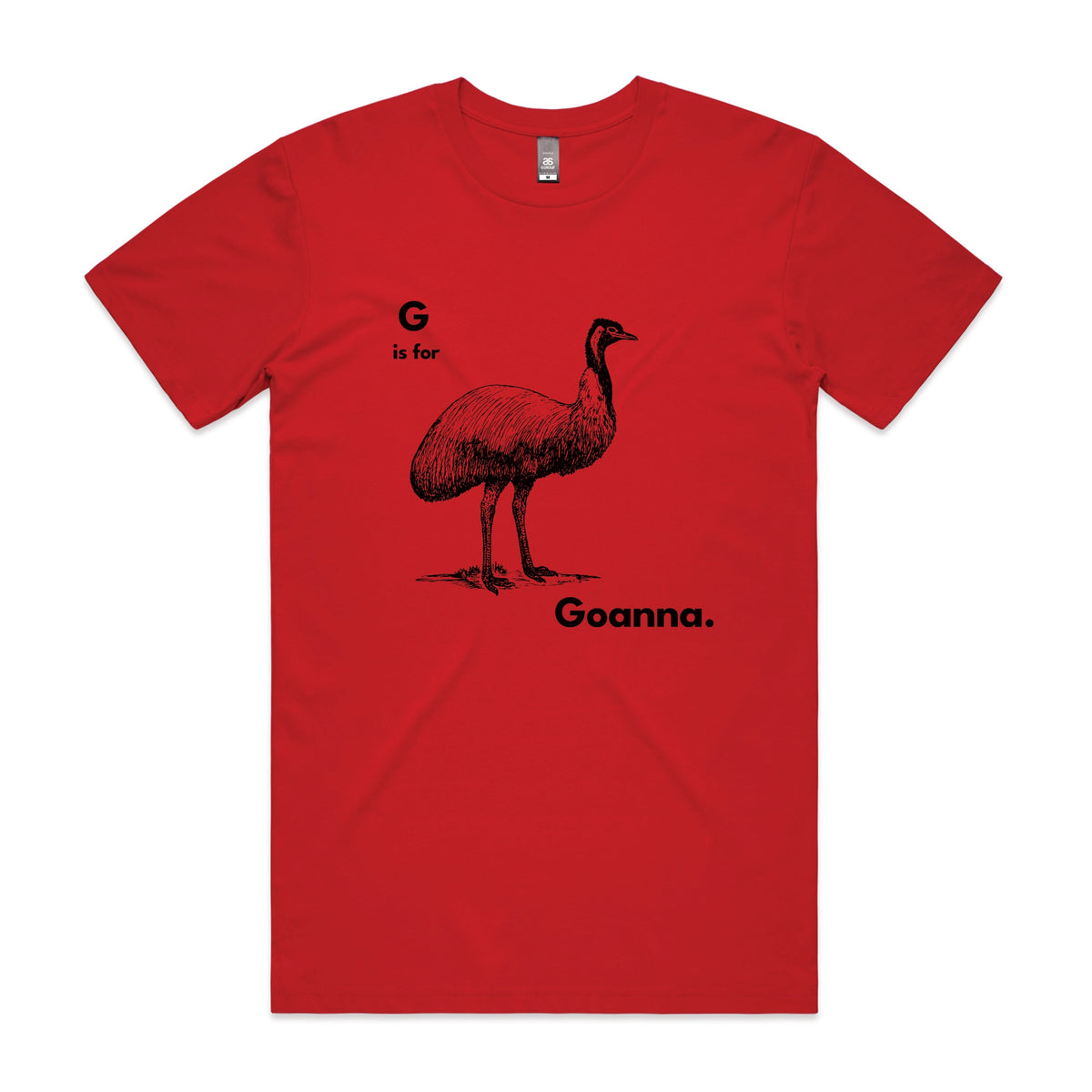 Red unisex t-shirt with G Is For Goanna graphic by Lonely Kids Club