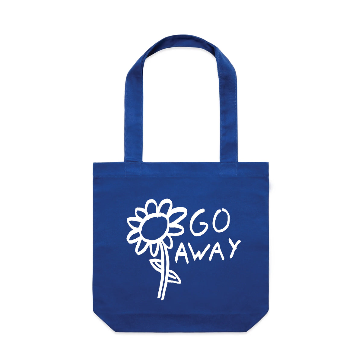 Royal Blue carrie tote with Go Away Tote graphic by Lonely Kids Club