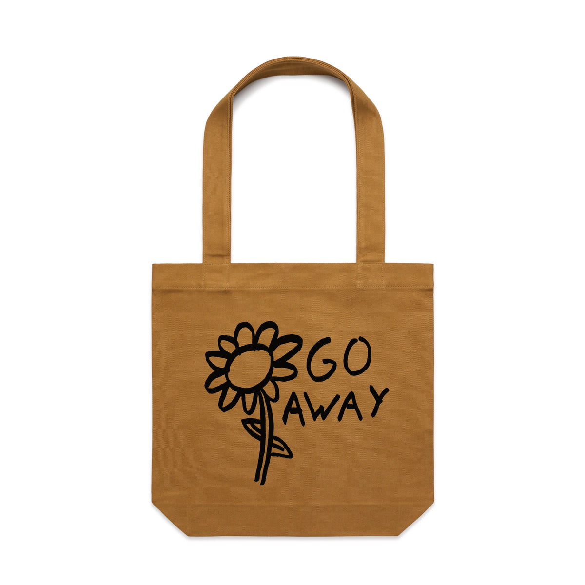 Camel carrie tote with Go Away Tote graphic by Lonely Kids Club
