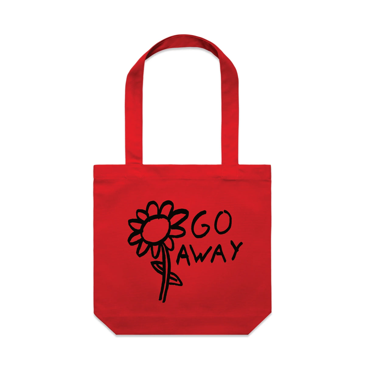 Red carrie tote with Go Away Tote graphic by Lonely Kids Club