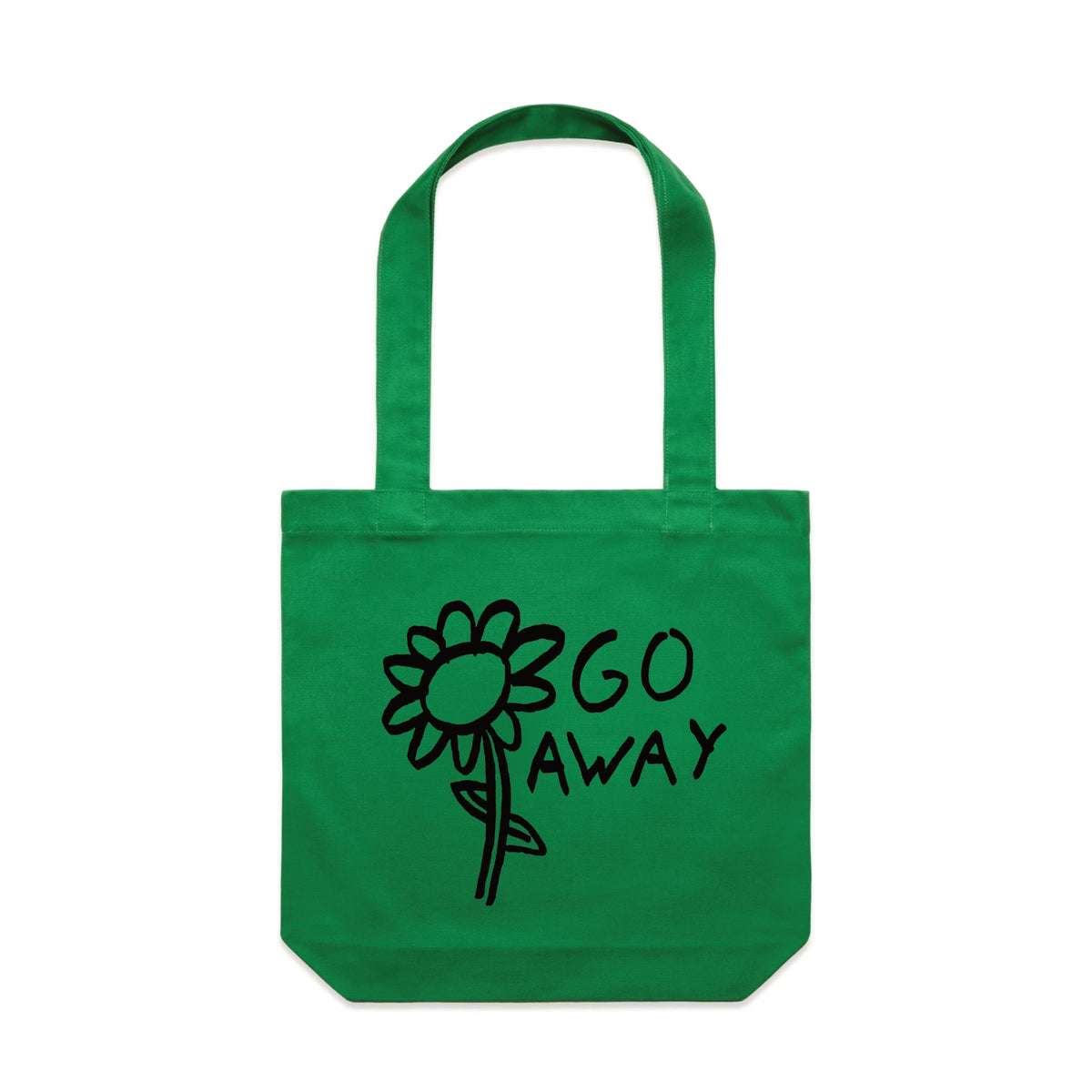Green carrie tote with Go Away Tote graphic by Lonely Kids Club
