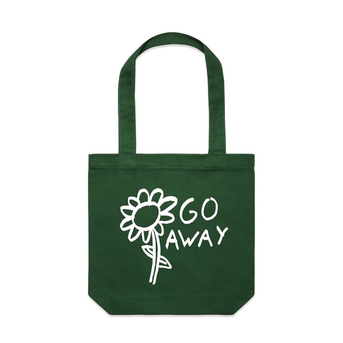 Forest Green carrie tote with Go Away Tote graphic by Lonely Kids Club