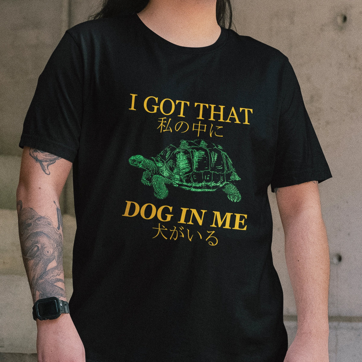 Black unisex t-shirt with I Got That Dog In Me graphic by Lonely Kids Club