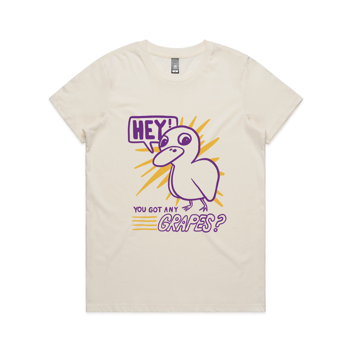 Ecru fitted womens t-shirt with Got Any Grapes graphic by Lonely Kids Club