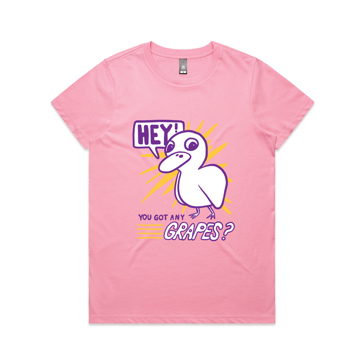 Bubblegum fitted womens t-shirt with Got Any Grapes graphic by Lonely Kids Club