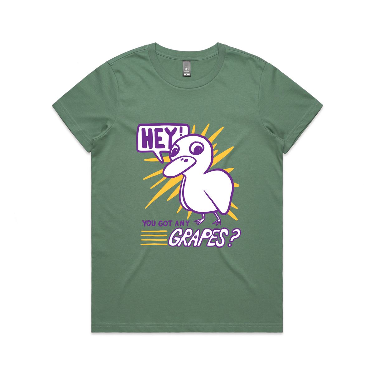 Sage fitted womens t-shirt with Got Any Grapes graphic by Lonely Kids Club