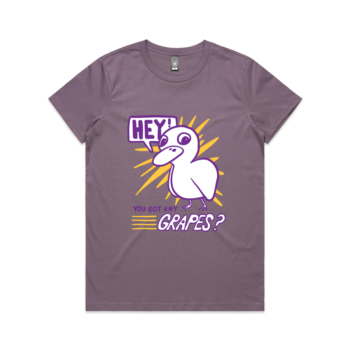 Mauve fitted womens t-shirt with Got Any Grapes graphic by Lonely Kids Club