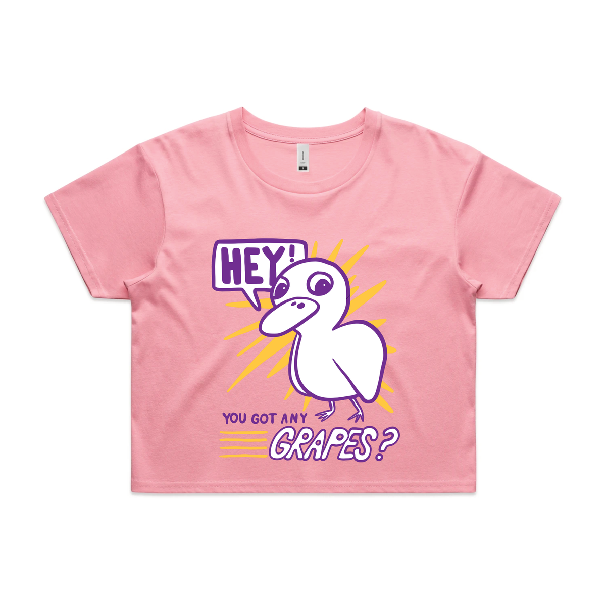 Bubblegum crop top with Got Any Grapes graphic by Lonely Kids Club