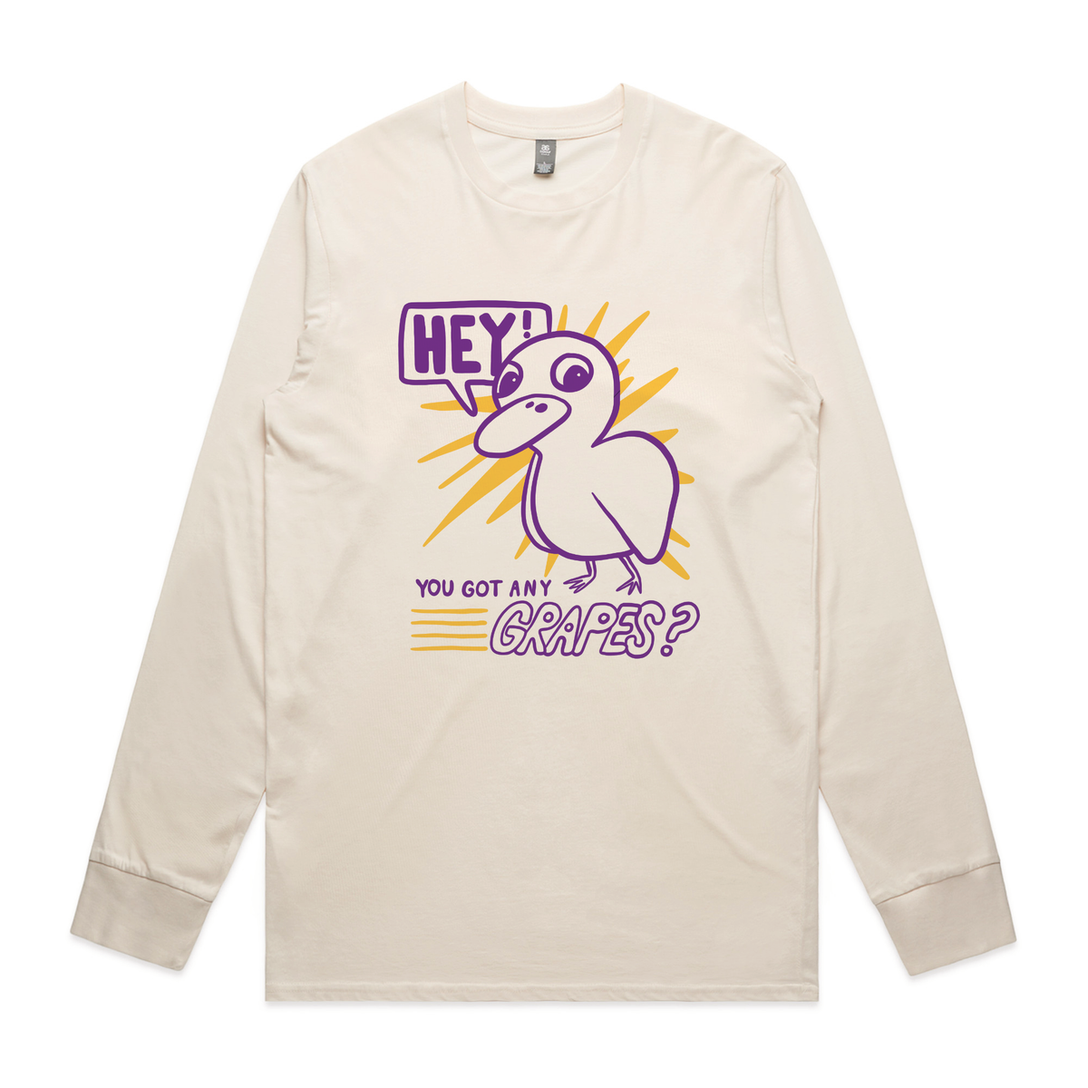 Ecru long sleeve t-shirt with Got Any Grapes graphic by Lonely Kids Club
