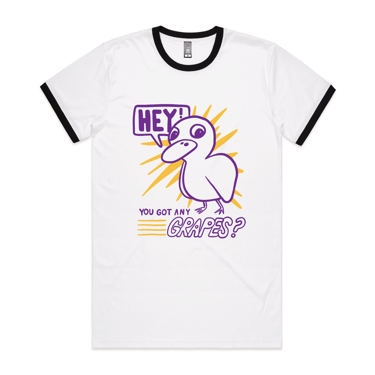 Black/White Ringer unisex t-shirt with Got Any Grapes graphic by Lonely Kids Club