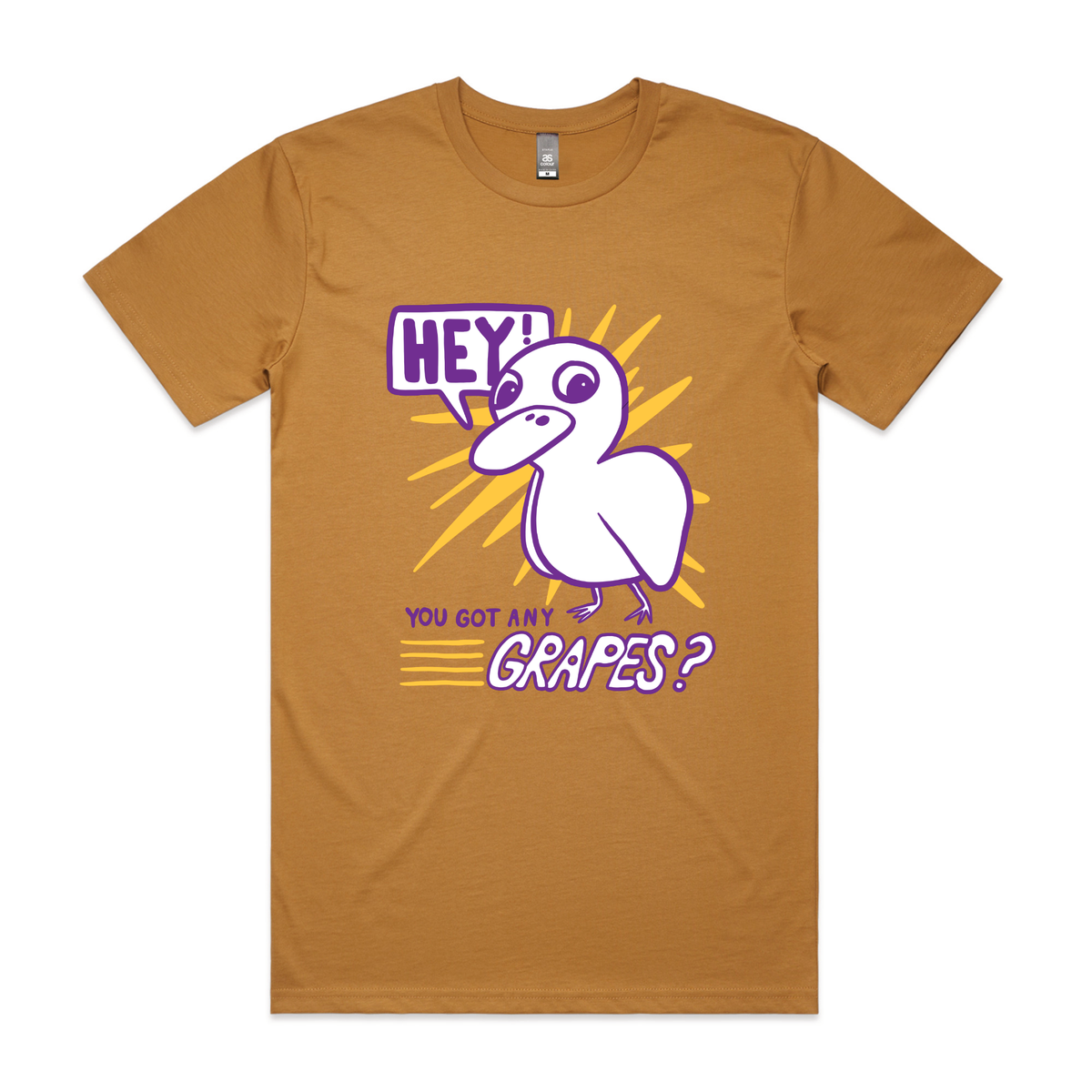 Camel unisex t-shirt with Got Any Grapes graphic by Lonely Kids Club