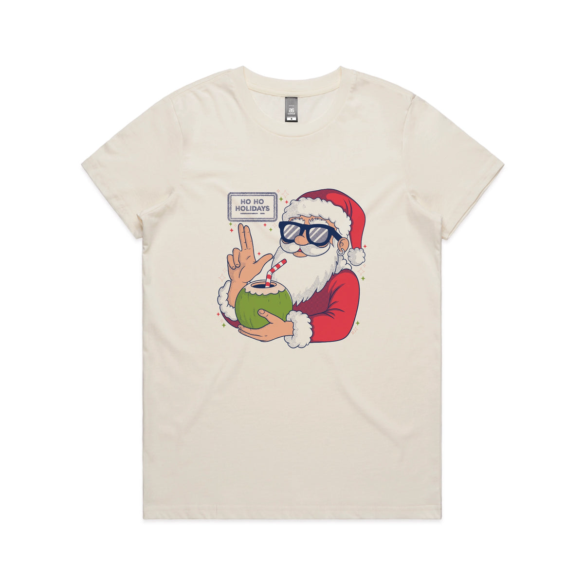 Ecru fitted womens t-shirt with Ho Ho Holidays graphic by Lonely Kids Club