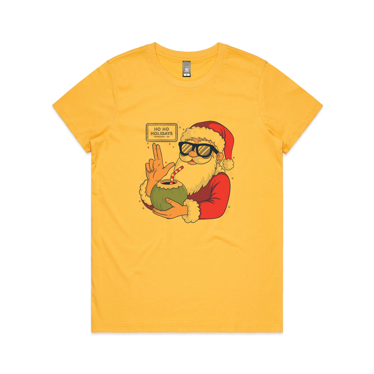 Yellow fitted womens t-shirt with Ho Ho Holidays graphic by Lonely Kids Club