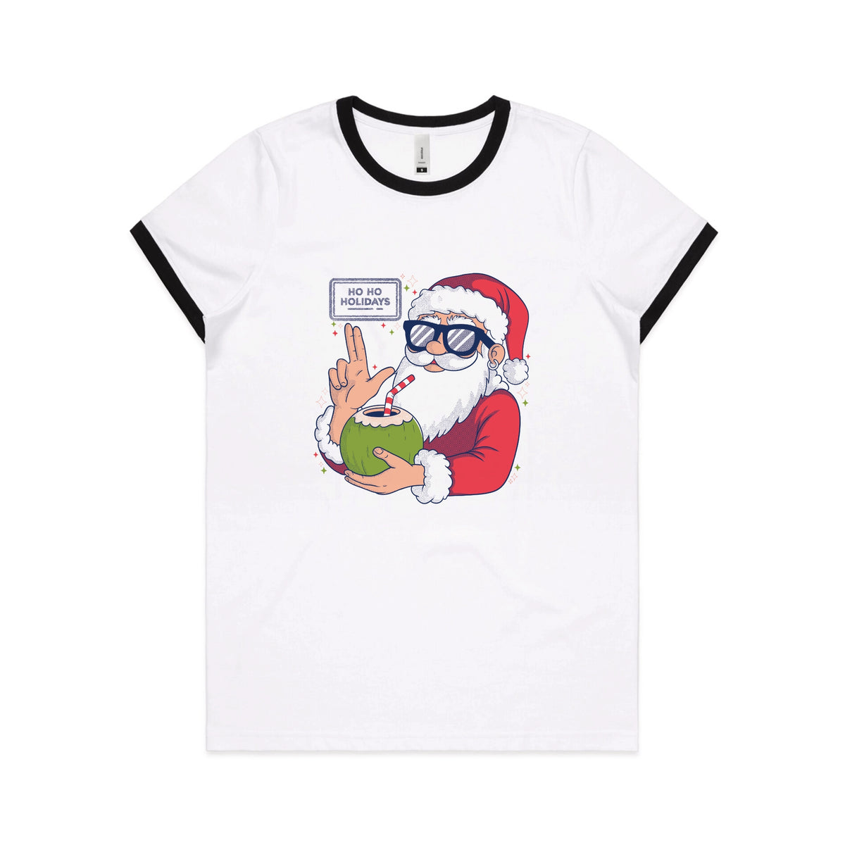 Black/White Ringer fitted womens t-shirt with Ho Ho Holidays graphic by Lonely Kids Club