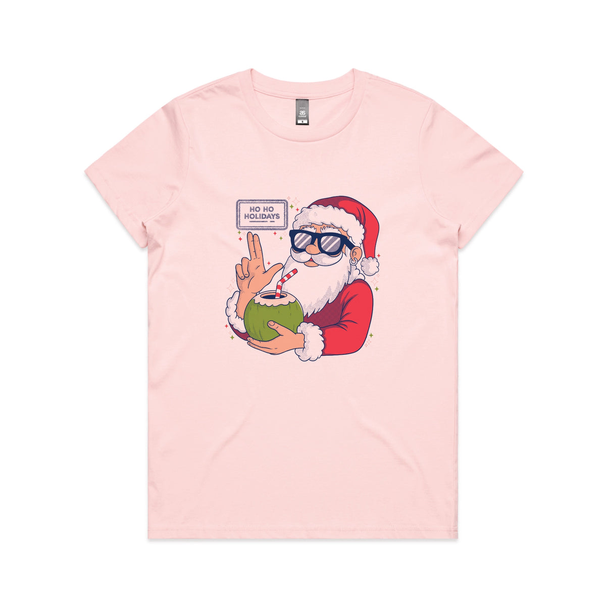 Pink fitted womens t-shirt with Ho Ho Holidays graphic by Lonely Kids Club