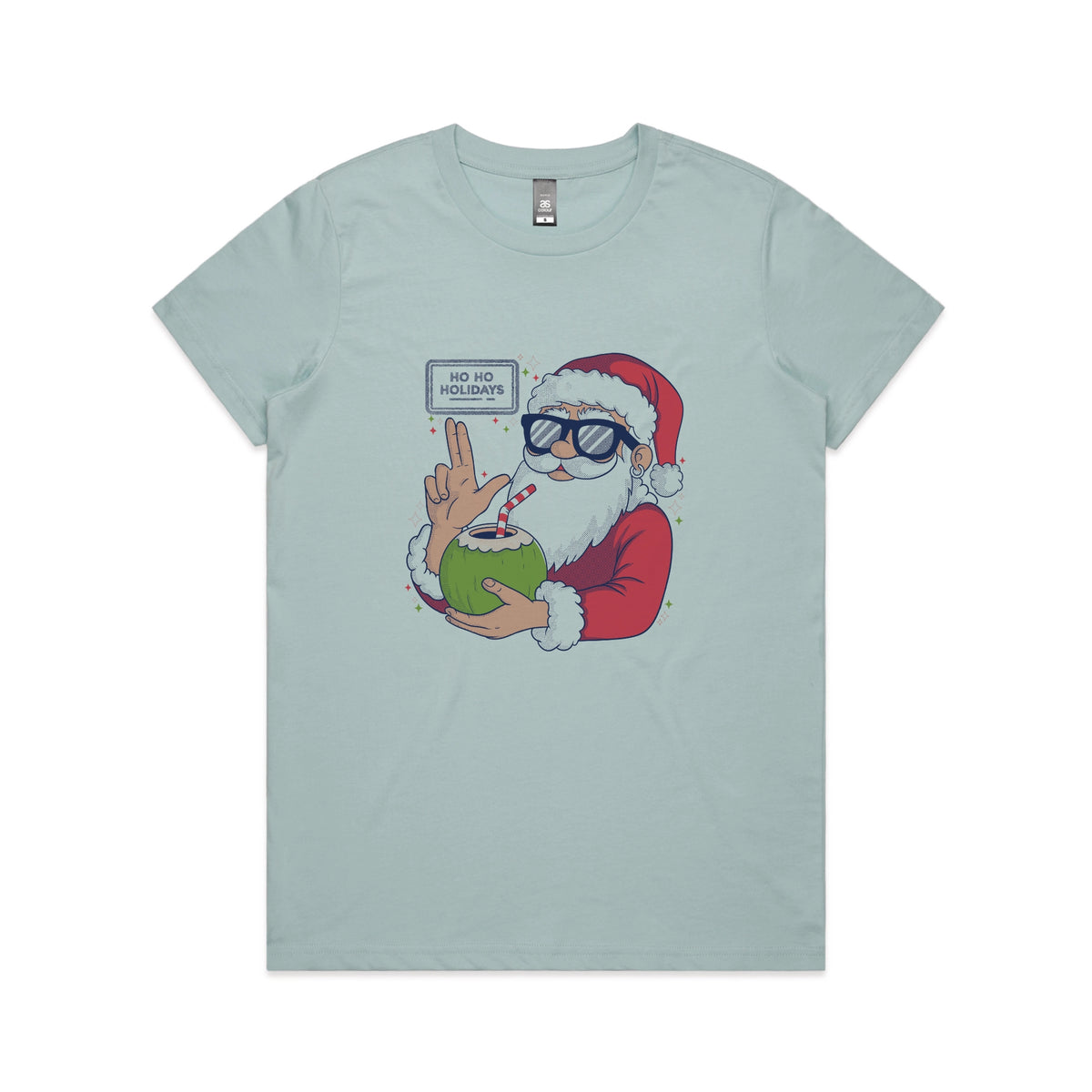 Pale Blue fitted womens t-shirt with Ho Ho Holidays graphic by Lonely Kids Club