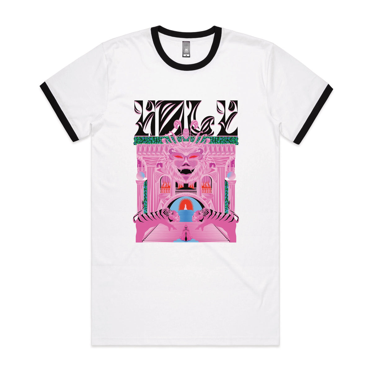 Black/White Ringer unisex t-shirt with Holy Temple graphic by Lonely Kids Club