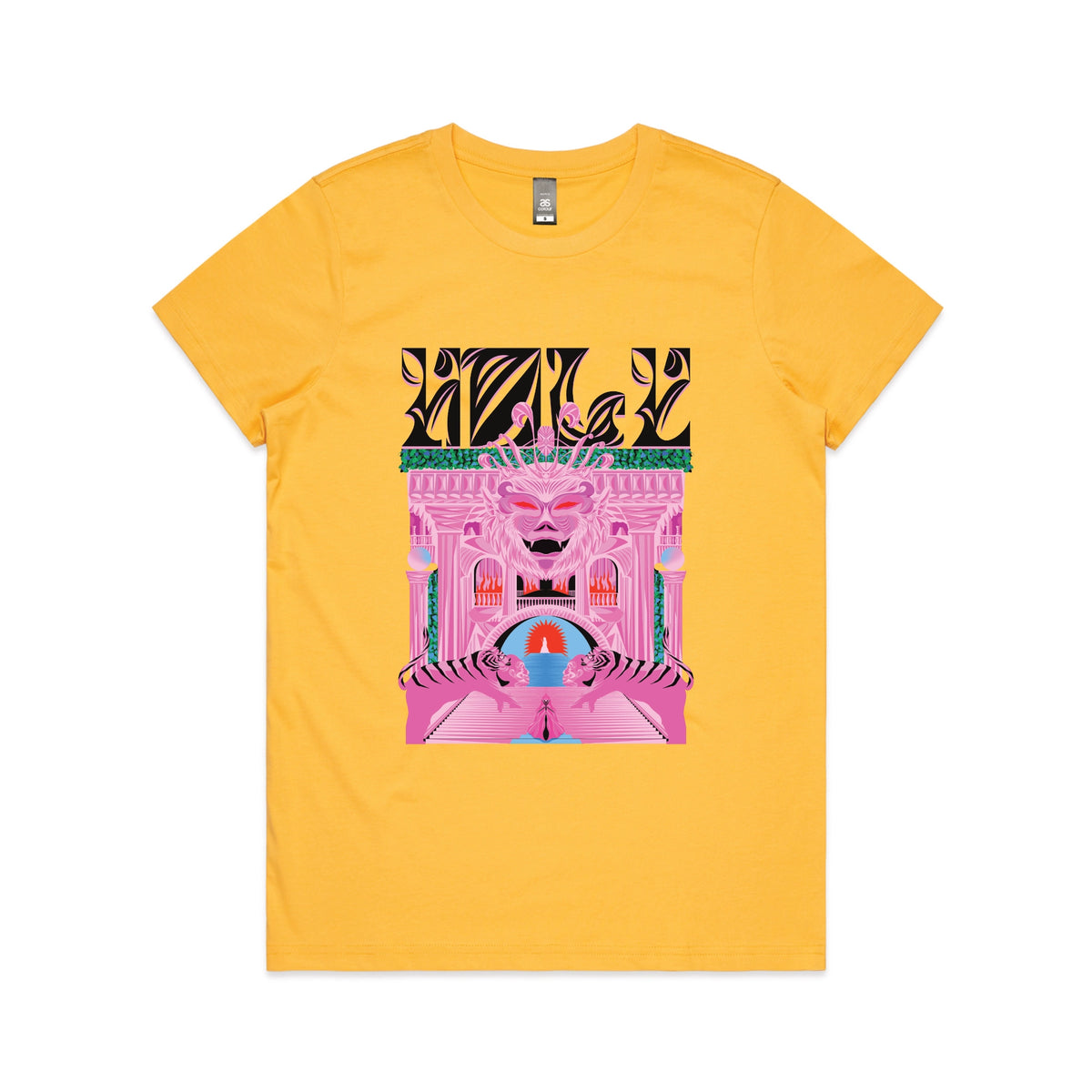 Yellow fitted womens t-shirt with Holy Temple graphic by Lonely Kids Club