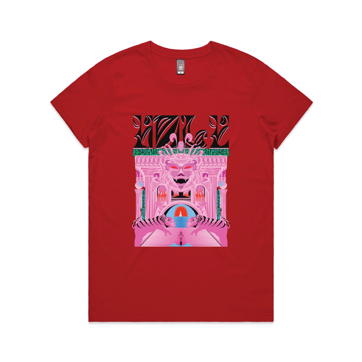 Red fitted womens t-shirt with Holy Temple graphic by Lonely Kids Club