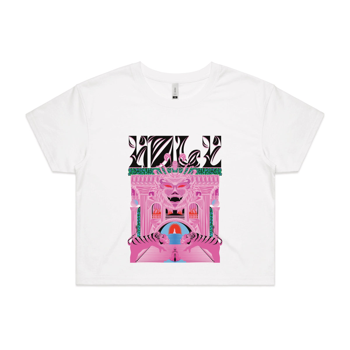 White crop top with Holy Temple graphic by Lonely Kids Club