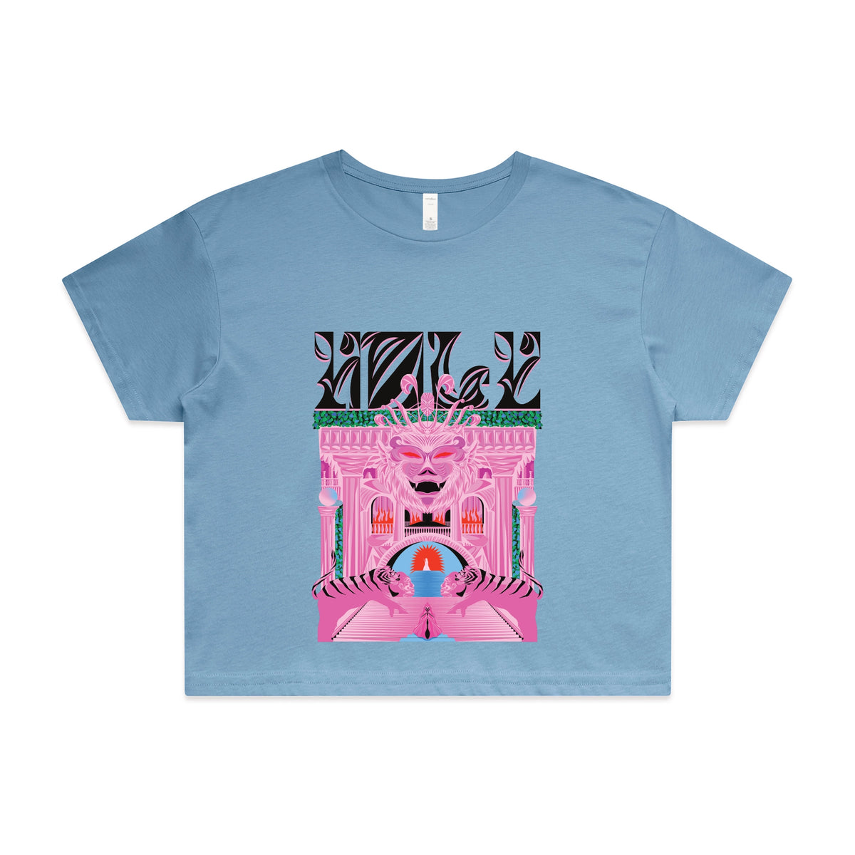 Carolina Blue crop top with Holy Temple graphic by Lonely Kids Club