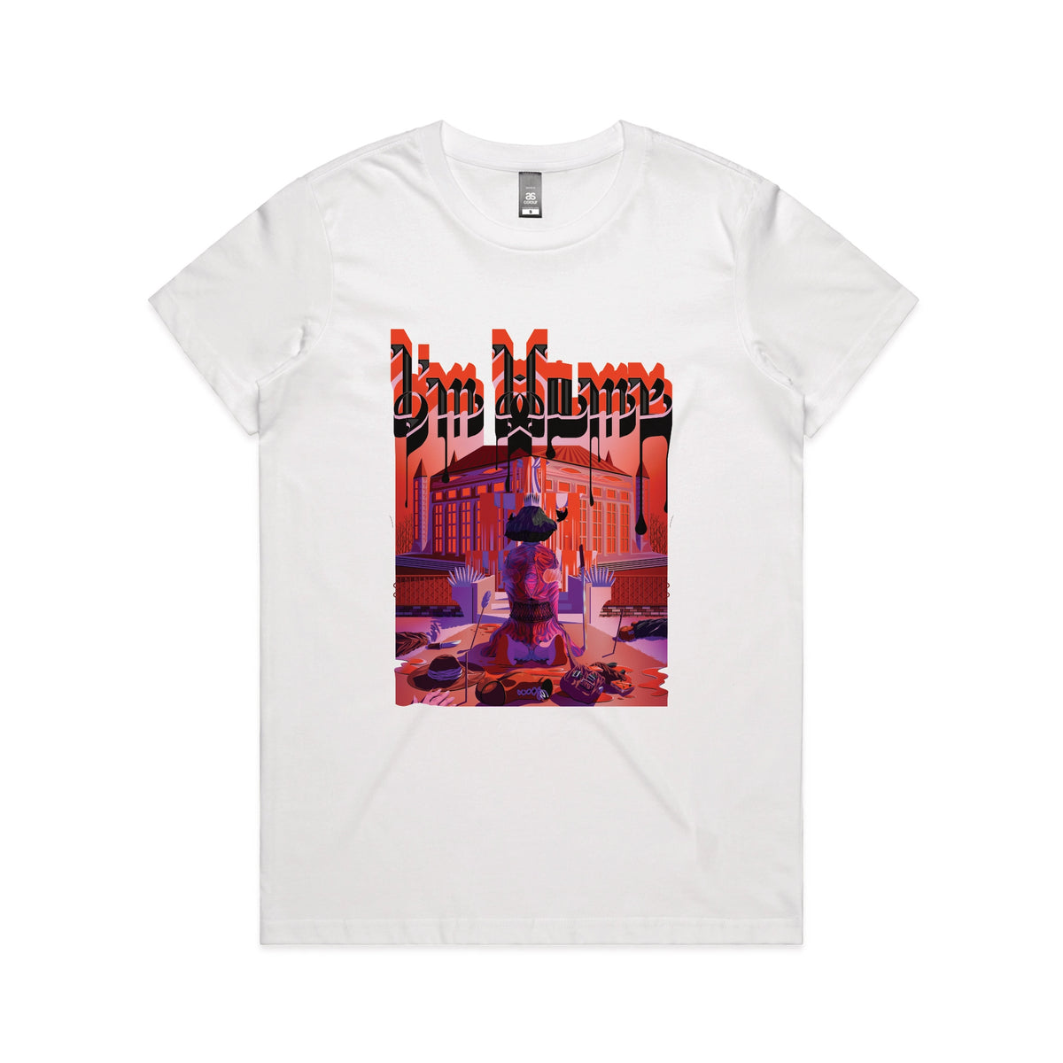 White fitted womens t-shirt with I'm Home graphic by Lonely Kids Club