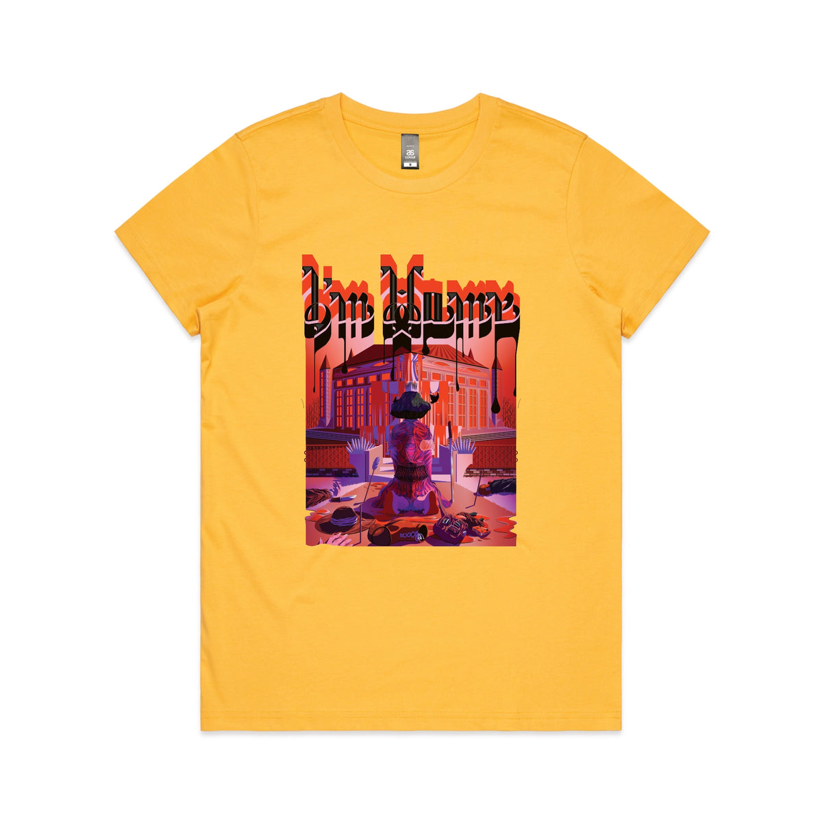 Yellow fitted womens t-shirt with I'm Home graphic by Lonely Kids Club