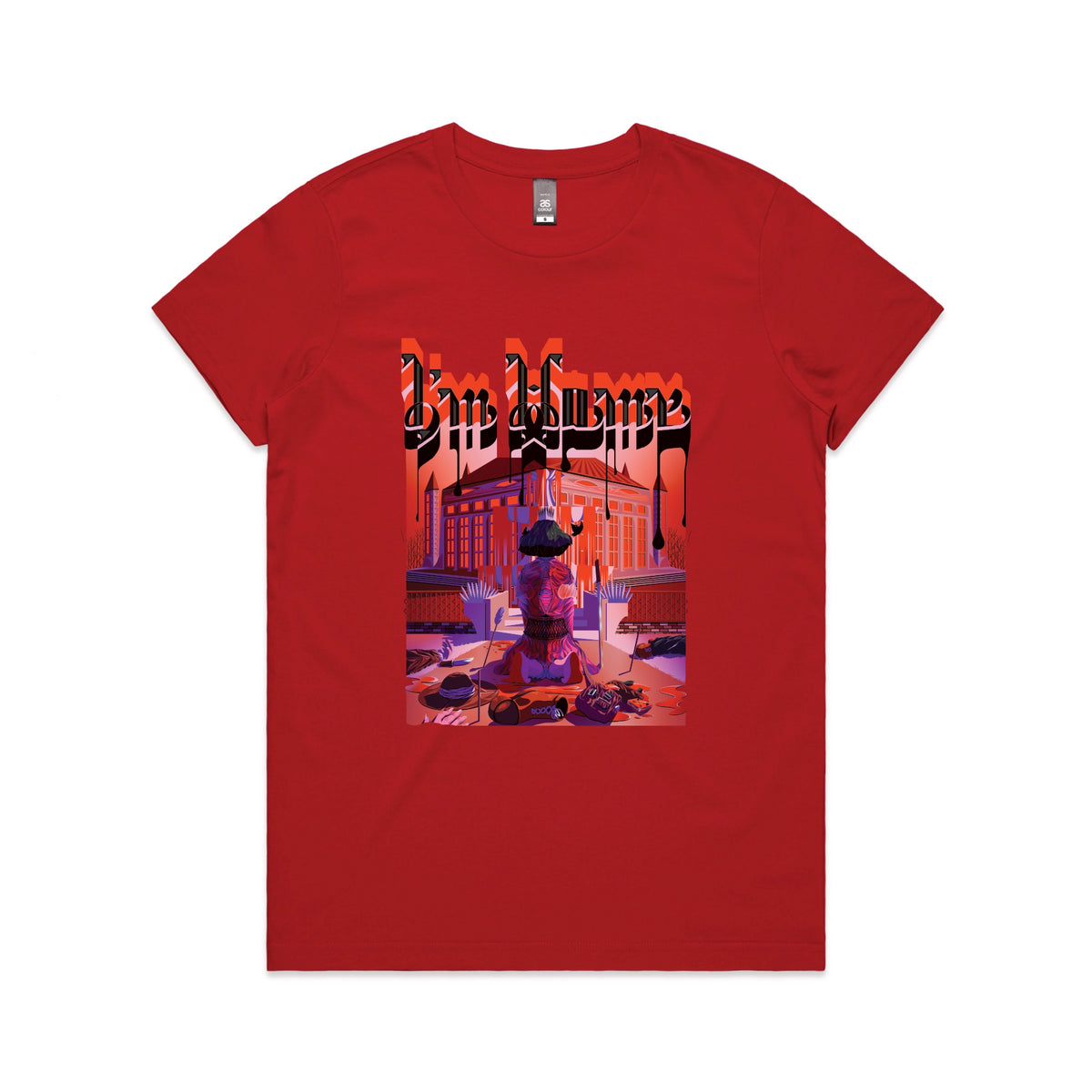 Red fitted womens t-shirt with I'm Home graphic by Lonely Kids Club