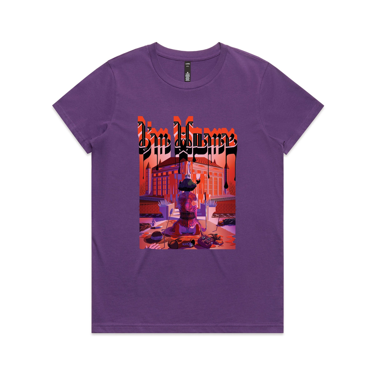 Purple fitted womens t-shirt with I'm Home graphic by Lonely Kids Club