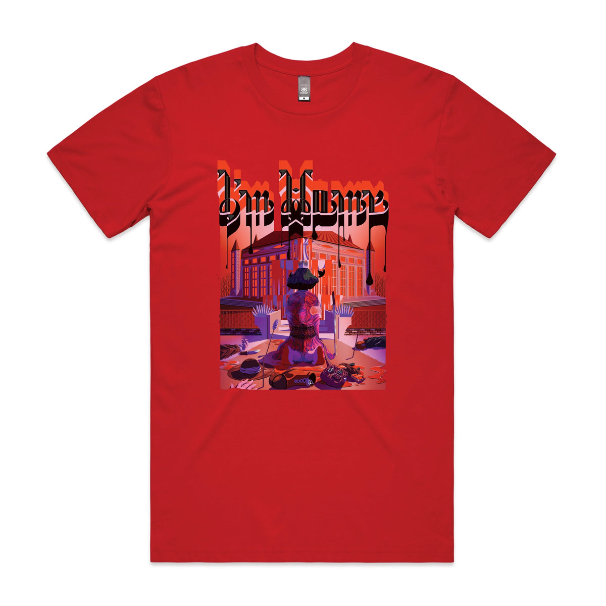 Red unisex t-shirt with I'm Home graphic by Lonely Kids Club