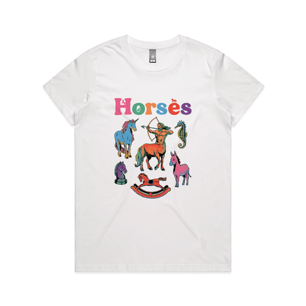 White fitted womens t-shirt with Bright Horses graphic by Lonely Kids Club