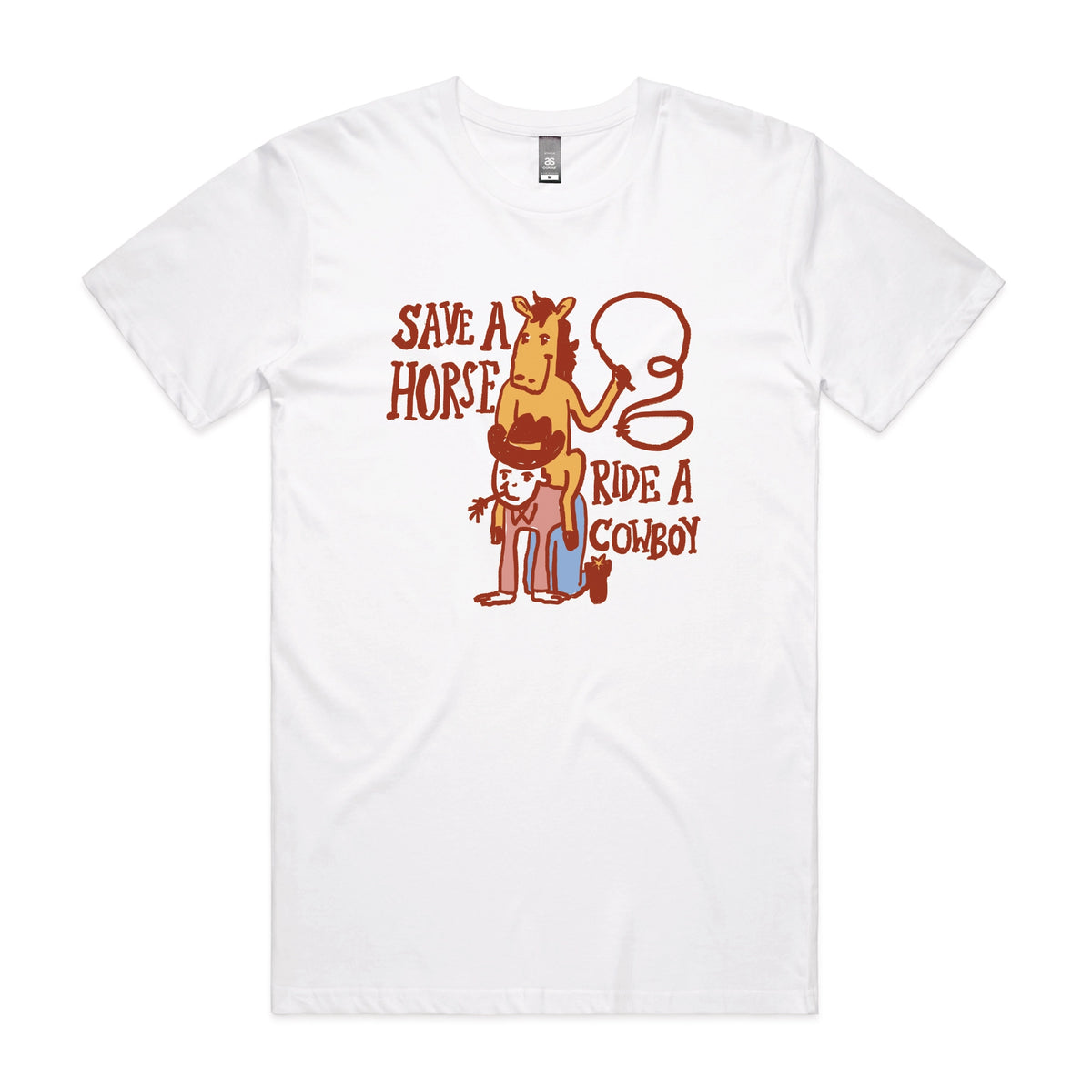 White unisex t-shirt with Save A Horse graphic by Lonely Kids Club