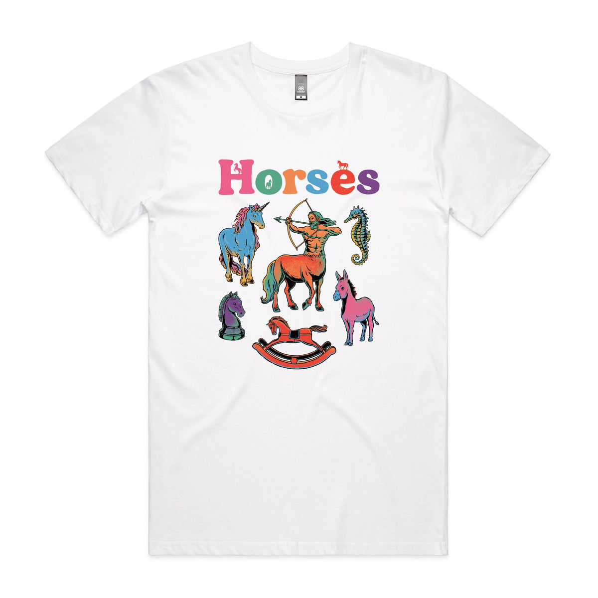 White unisex t-shirt with Bright Horses graphic by Lonely Kids Club