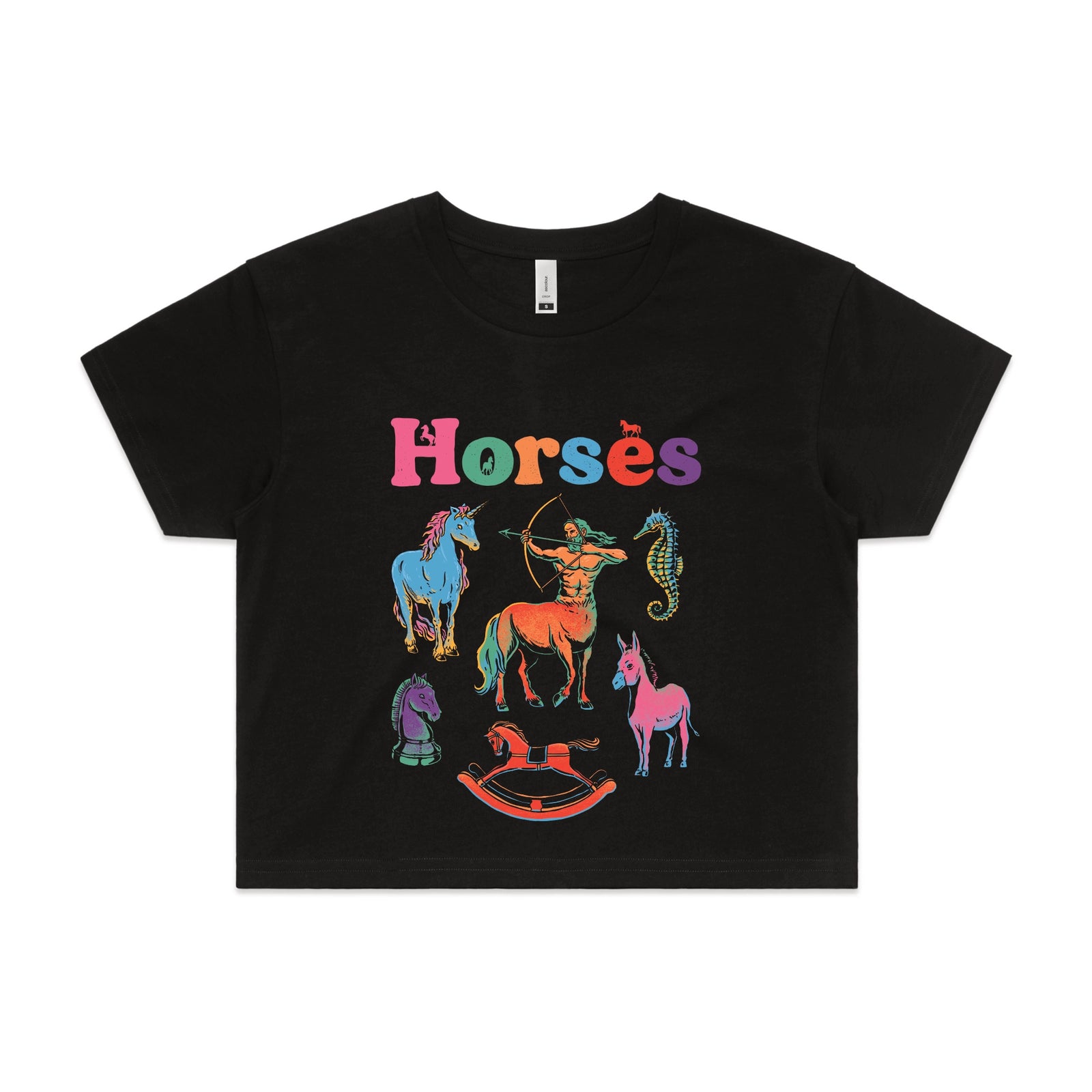 Black crop top with Bright Horses graphic by Lonely Kids Club