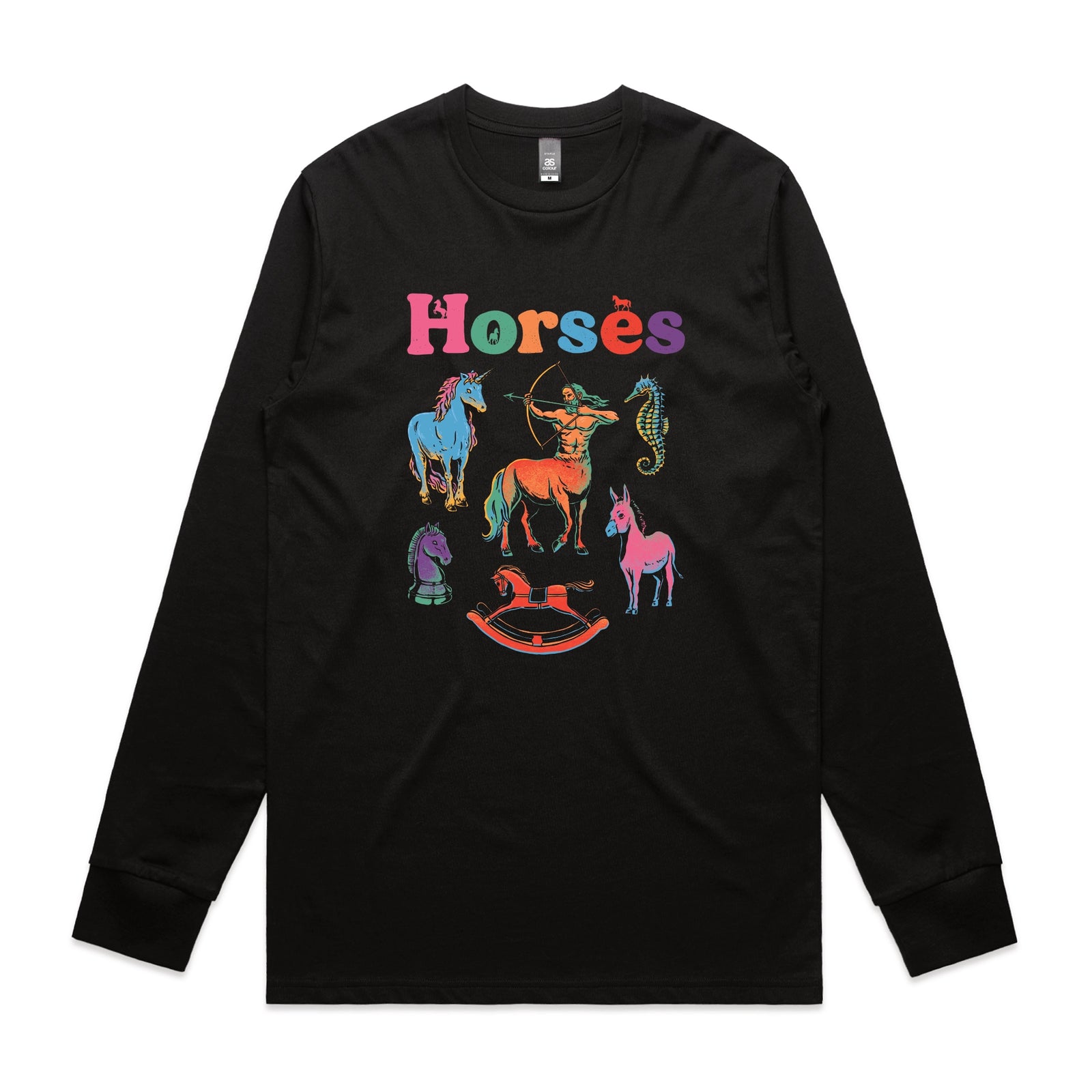 Black long sleeve t-shirt with Bright Horses graphic by Lonely Kids Club