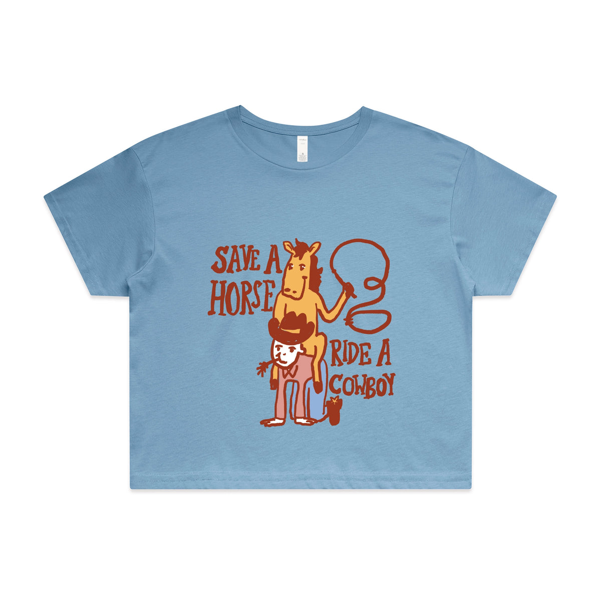 Carolina Blue crop top with Save A Horse graphic by Lonely Kids Club