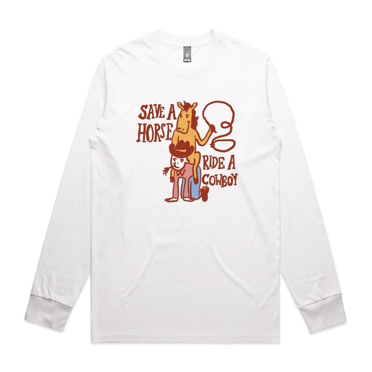 White long sleeve t-shirt with Save A Horse graphic by Lonely Kids Club