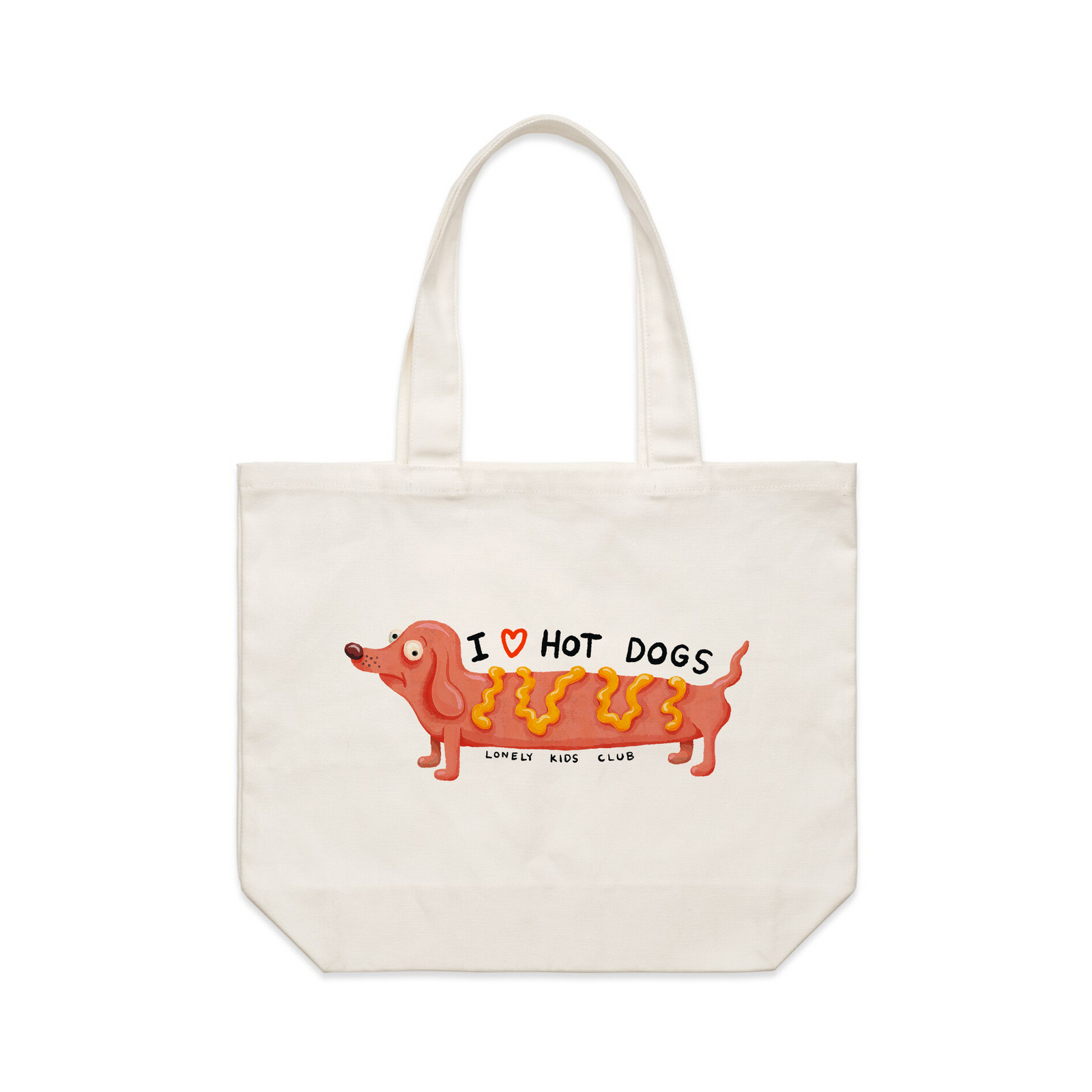 Cream shoulder tote with I Love Hot Dogs Tote graphic by Lonely Kids Club