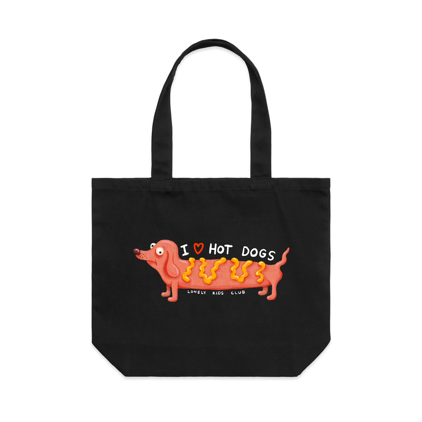 Black shoulder tote with I Love Hot Dogs Tote graphic by Lonely Kids Club