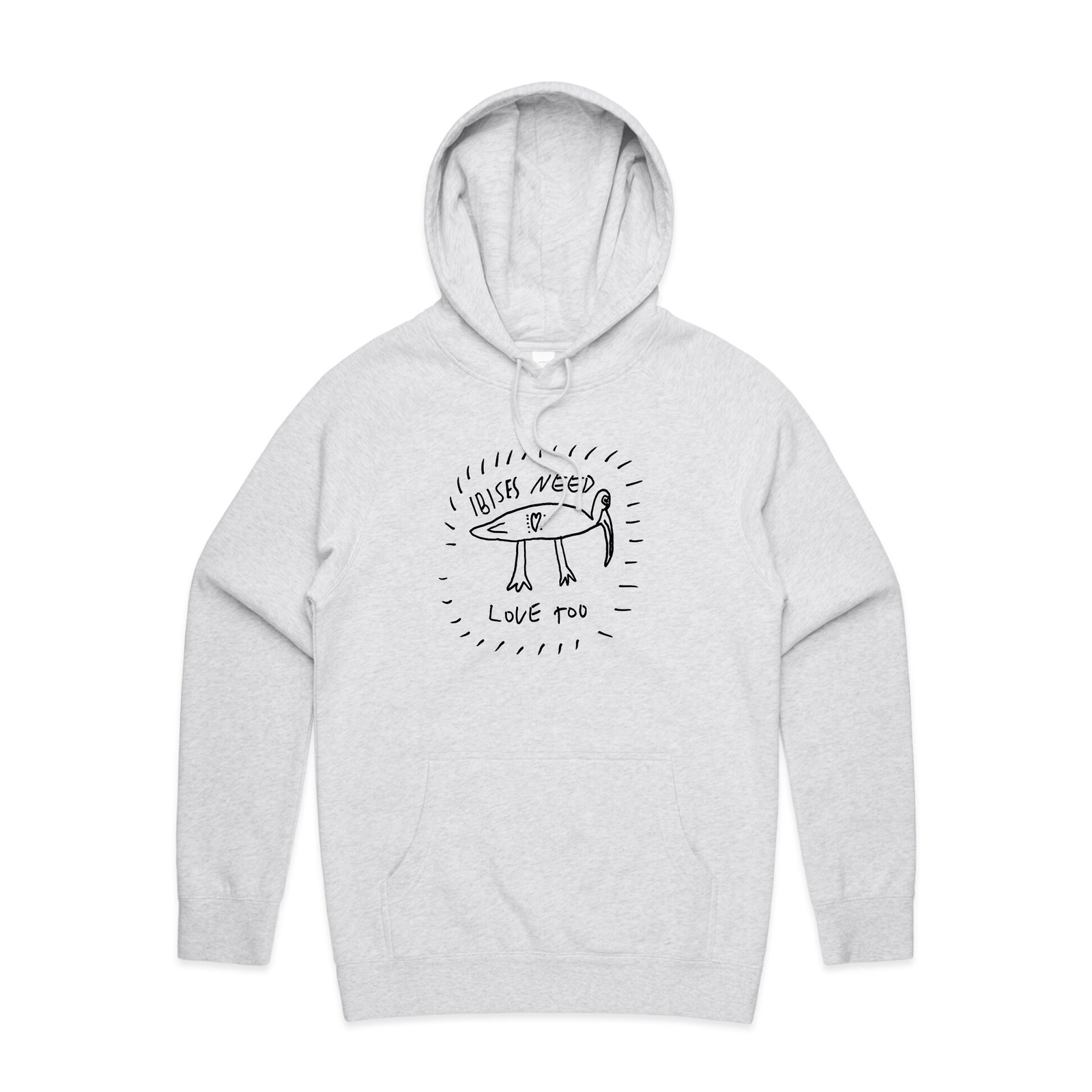 White Marle regular hoodie with Ibises Need Love Too Hoodie graphic by Lonely Kids Club