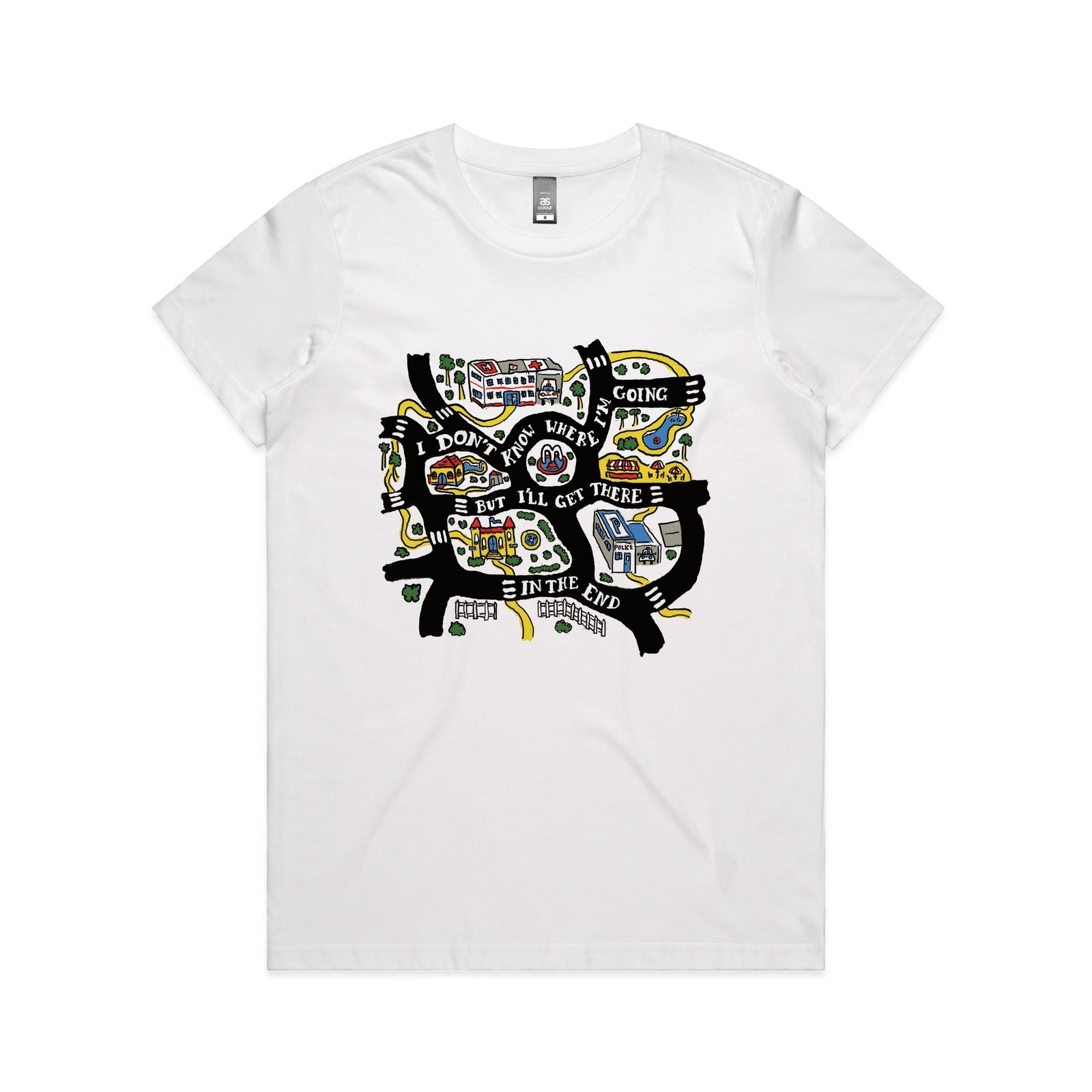 White fitted womens t-shirt with In The End graphic by Lonely Kids Club